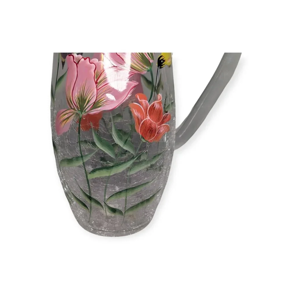 Vintage Fifth Avenue Crystal Hand Painted Floral Crackle Glass Drinking Pitcher